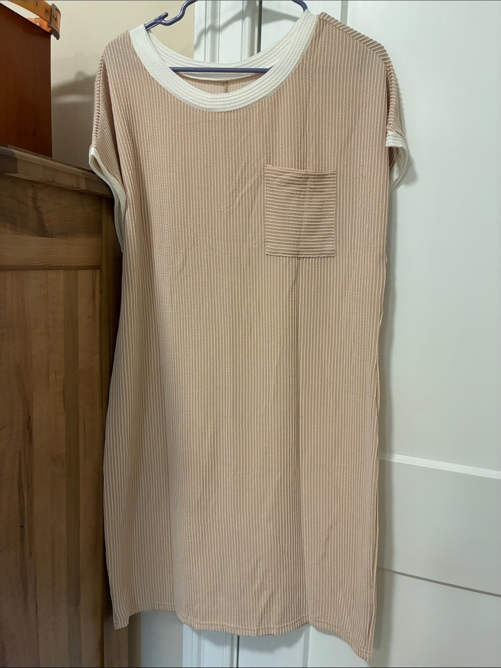 Beige Ribbed Midi Dress with White Trim and Chest Pocket